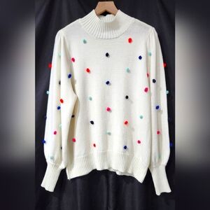 Crown & Ivy Women's Mock Neck Sweater Size XXL Ivory Bright Rainbow Pom Poms